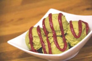 “Freeze-Free” Matcha Green Tea Ice Cream with Raspberry Coulis