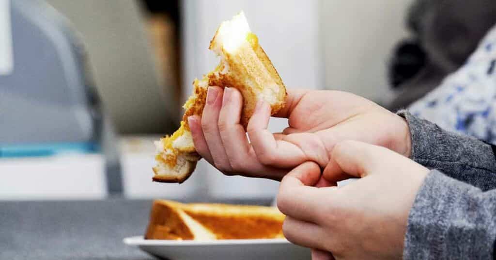 Boy eating grilled cheese sandwich.